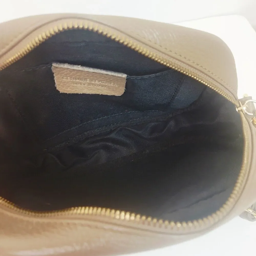 Genuine Leather Made in Italy Taupe Pebbled Crossbody Camera Bag Tassel Gold